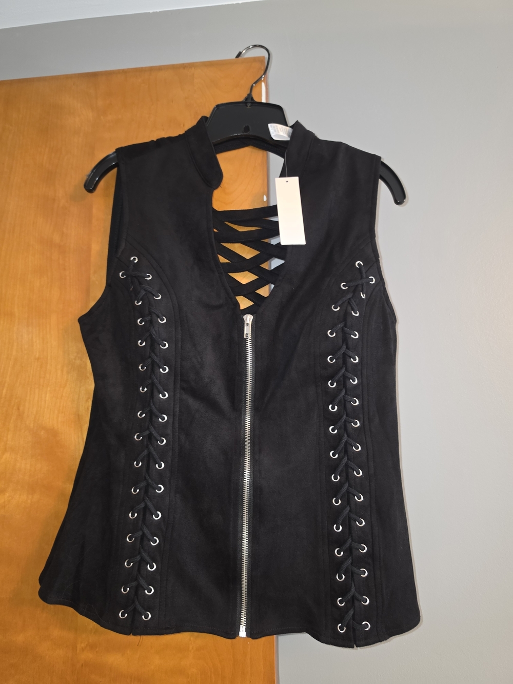 Black Sleeveless Lace-Up Front Zip Women’s Top